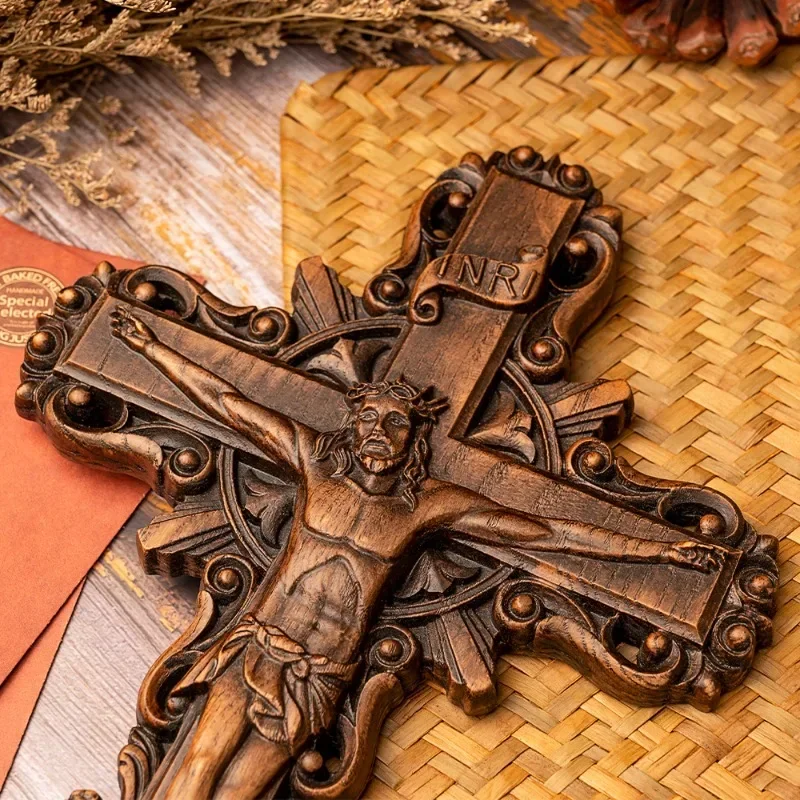 Vintage Jesus Crucified Wooden Wall Cross Religious Catholic Image Home Living Statue