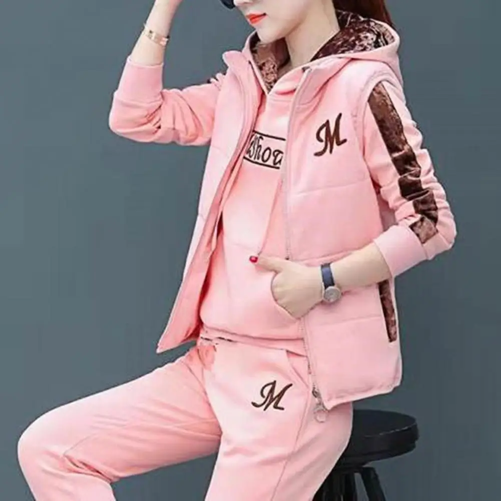 

Fleece Lining 3 Three Piece Set Autumn Winter Letter Print Women Outfit Hooded Sweatshirt Zipper Waistcoat Jogger Pants Set