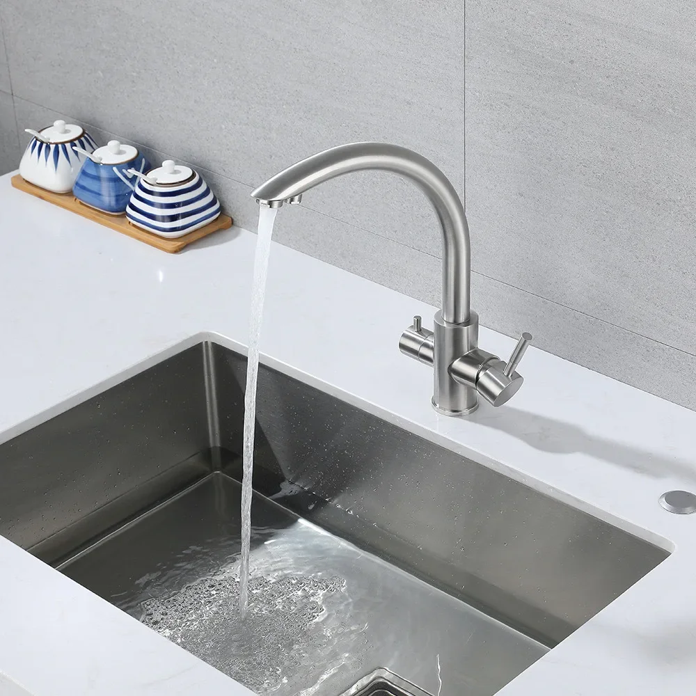 304 Stainless Steel Drinking Filtered Water Kitchen Faucet Deck Mounted Dual Handle Faucet Purification Kitchen Sink Faucet