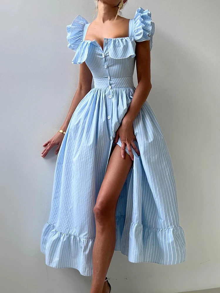 

Tossy Stripes Cardigan Long Dress Women Flying Sleeves Square Collar Sleeveless Tapered Waist Contrast Dress New Female Dress