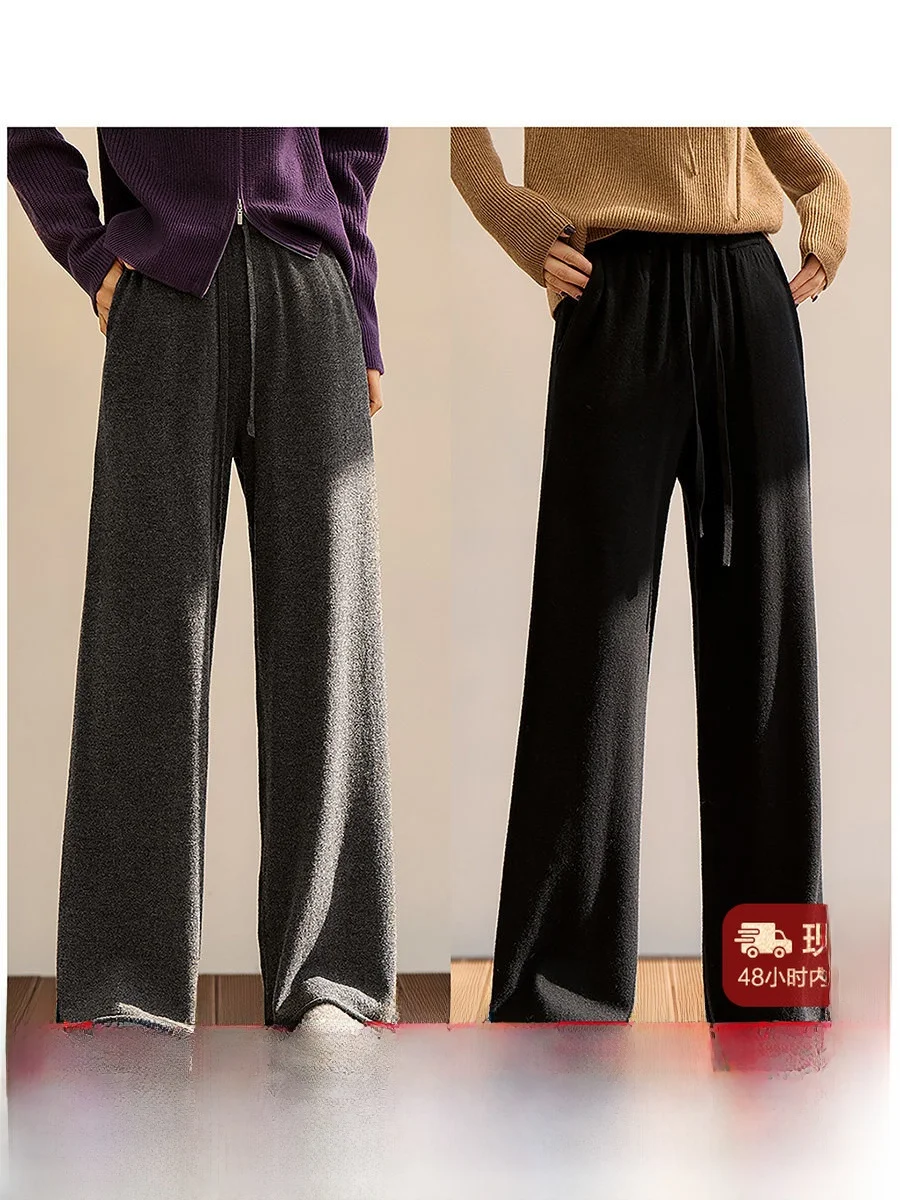 

Retro Xhange Knitted Straight Leg Pants Elastic Waist Wool Camere Dstring Loose Fit Ladies Casual Trousers Warmth