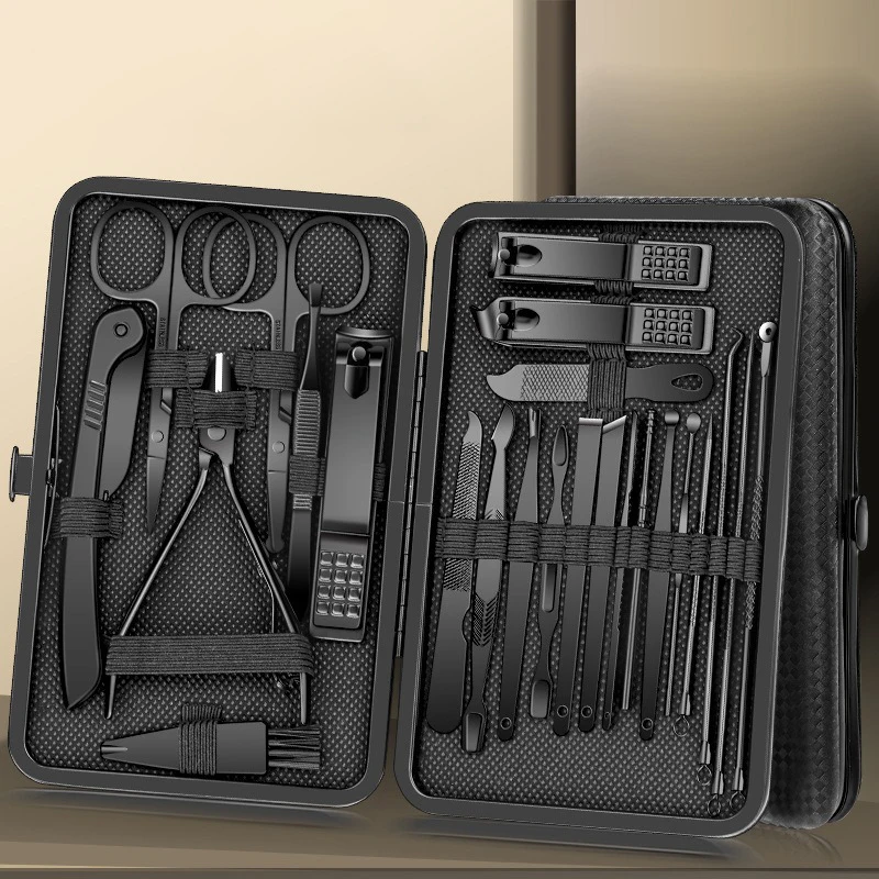 8-24Pcs Manicure Pedicure Kit Black Stainless Steel Nail Clipper Set Professional Cuticle Grooming Tools with Hard Storage Case