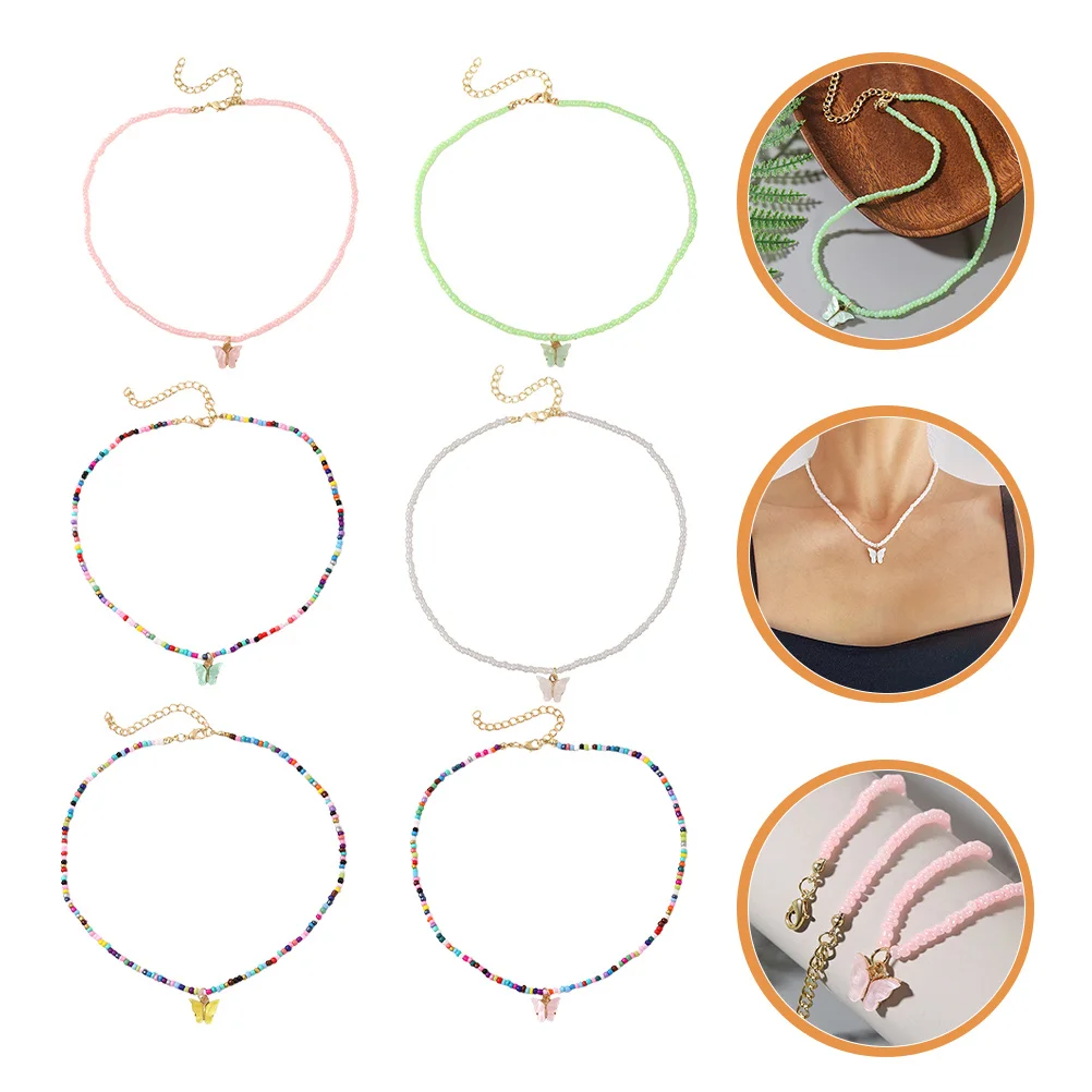 

6Pcs Bohemian Beaded Necklace Colorful Butterflies Neck Chain Summer Clavicle Jewelry Bohemian Necklace Butterflies Neck Chain