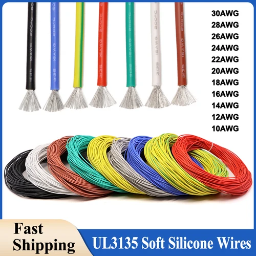 Imagen 1 del producto Cables de silicona suave UL3135, 10/12/14/16/18/20/22/24/26/28/30AWG, Cables eléctricos de cobre estañado aislados de goma de alta temperatura