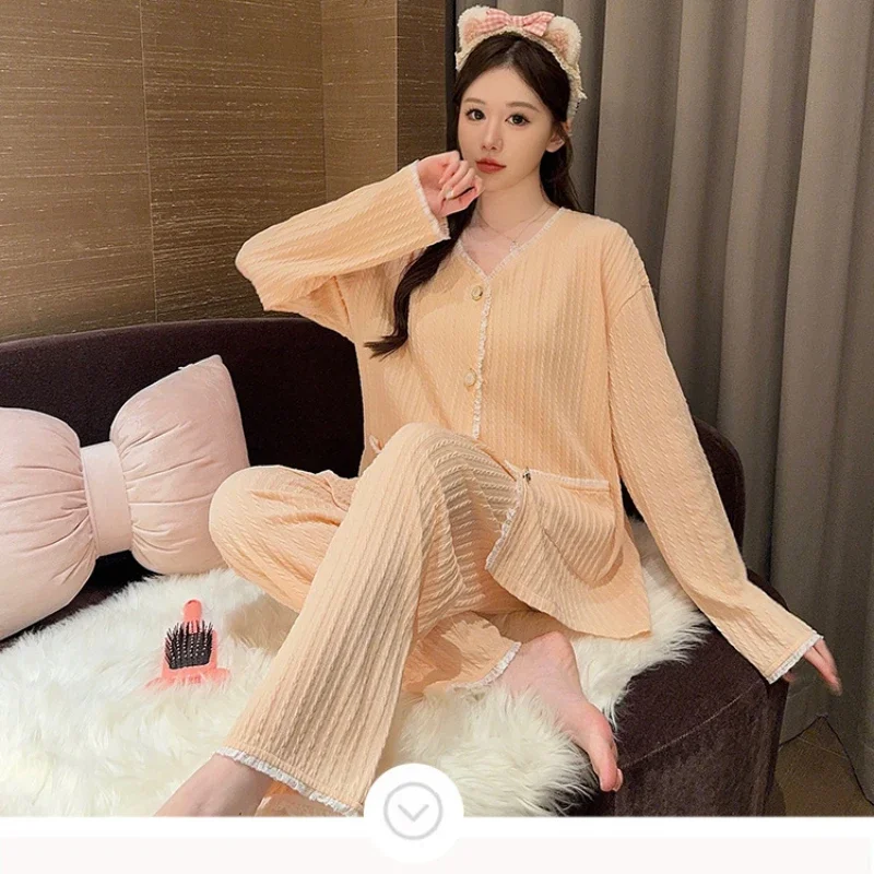 5XL большие размеры, хлопковые пижамы с длинными рукавами, корейская осенняя простая домашняя одежда, высококачественный брючный костюм, одежда для сна для отдыха, свободные пижамы