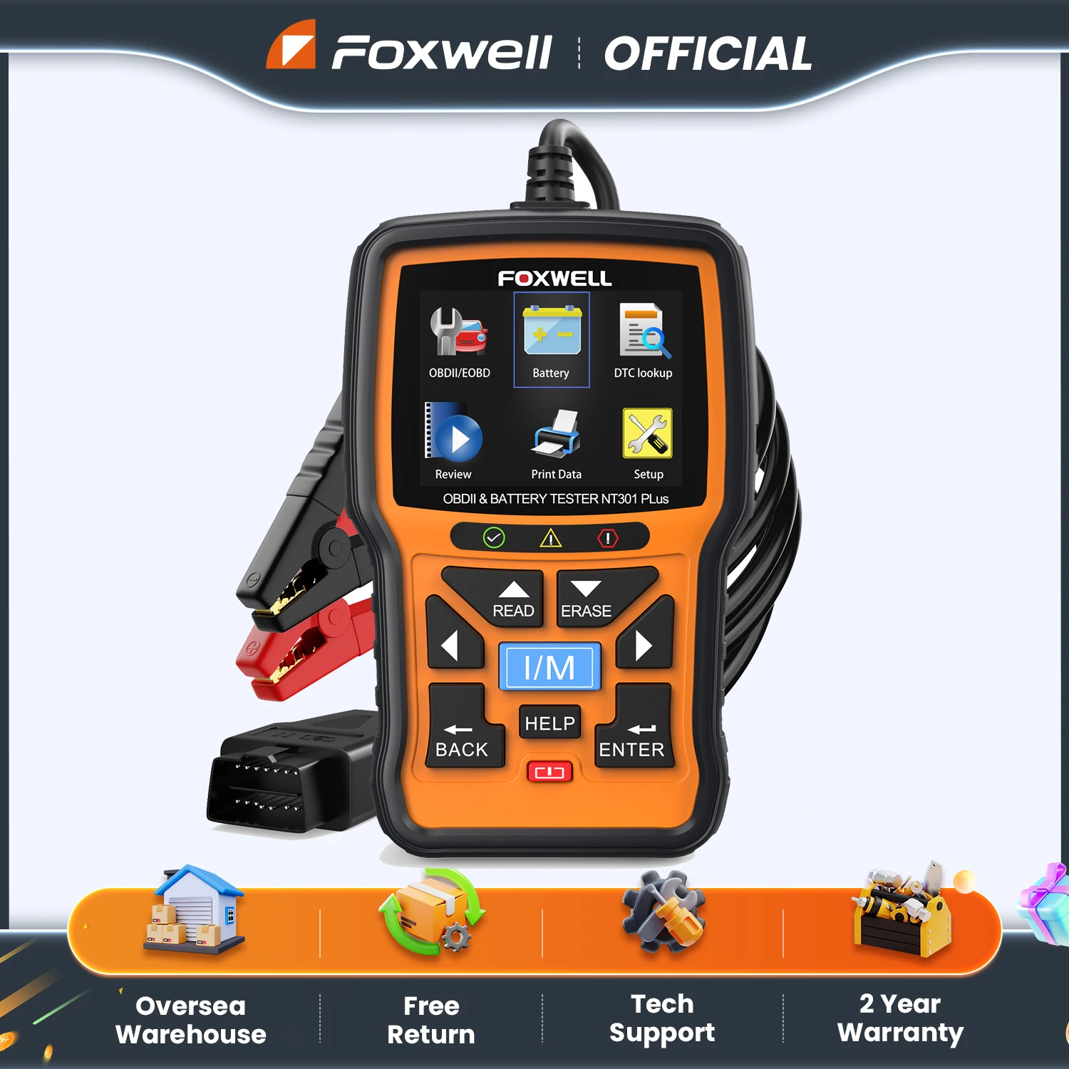 NT301 Plus FOXWELL OBD2 Scanner 12V Battery Tester 100-2000CCA Battery Charging Cranking System Test Engine Code Reader Scanner