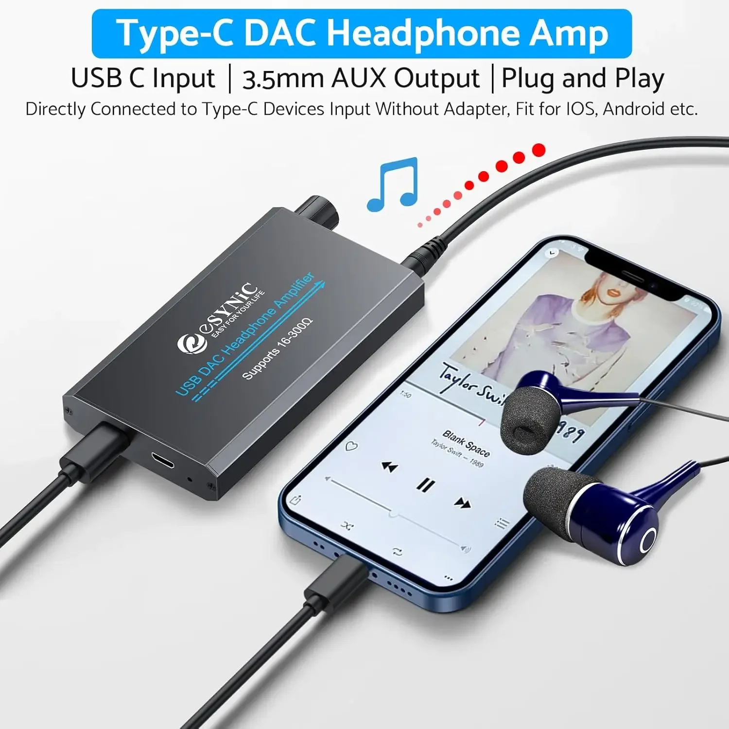 eSynic Headphone Amplifier 16-300Ω Professional Portable USB DAC Headphone Amp Type-C Input 3.5mm Output Rechargeable for Phone