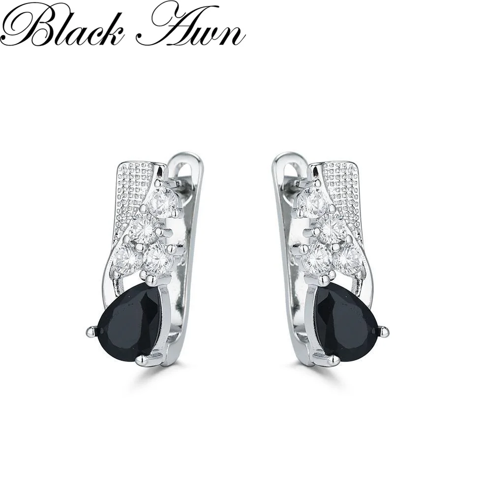 Black Awn Hoop Earrings for Women Classic 925 Sterling Silver Trendy Spinel Engagement Fine Jewelry I219