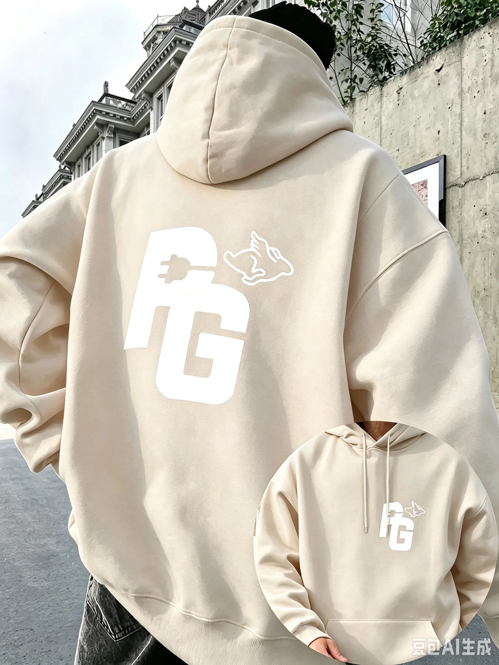 Minimalist PG letter plug and dove line double-sided printed regular hooded sweatshirt, INS street style trendy casual hoodie