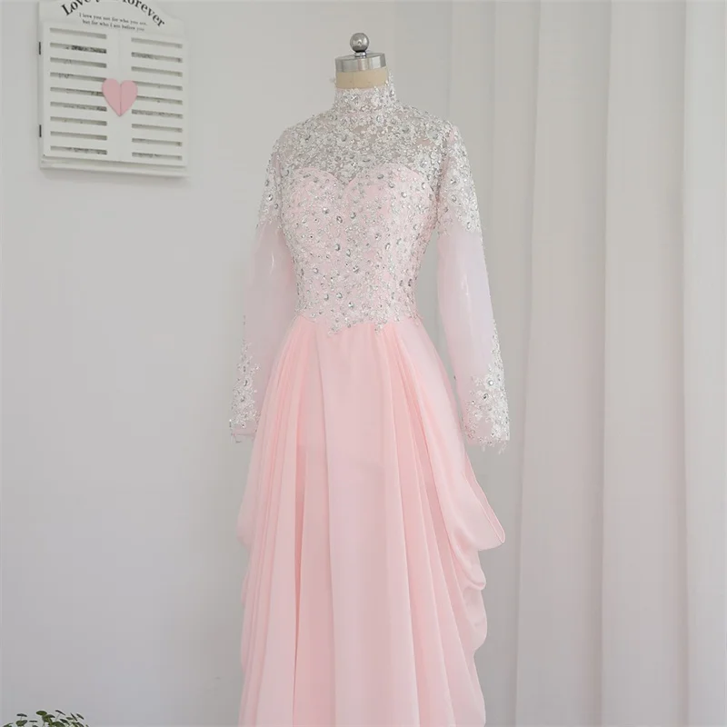 Pink Muslim Evening Dresses A-line Long Sleeves Chiffon Appliques Beaded Long Turkey Dubai Saudi Arabia Prom Dress Gown