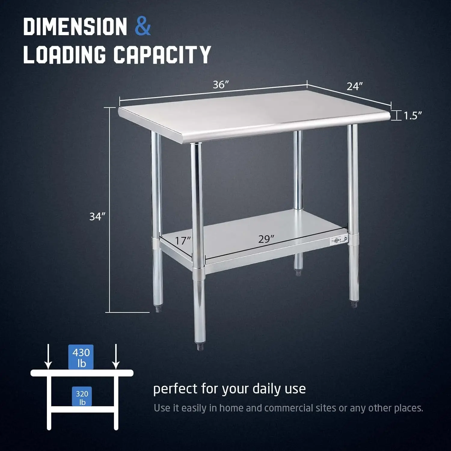 Stainless Steel Prep 36x24 Inch NSF Commercial Work Table with Undershelf Heavy Duty Table for Kitchen Restaurant Home Hotel