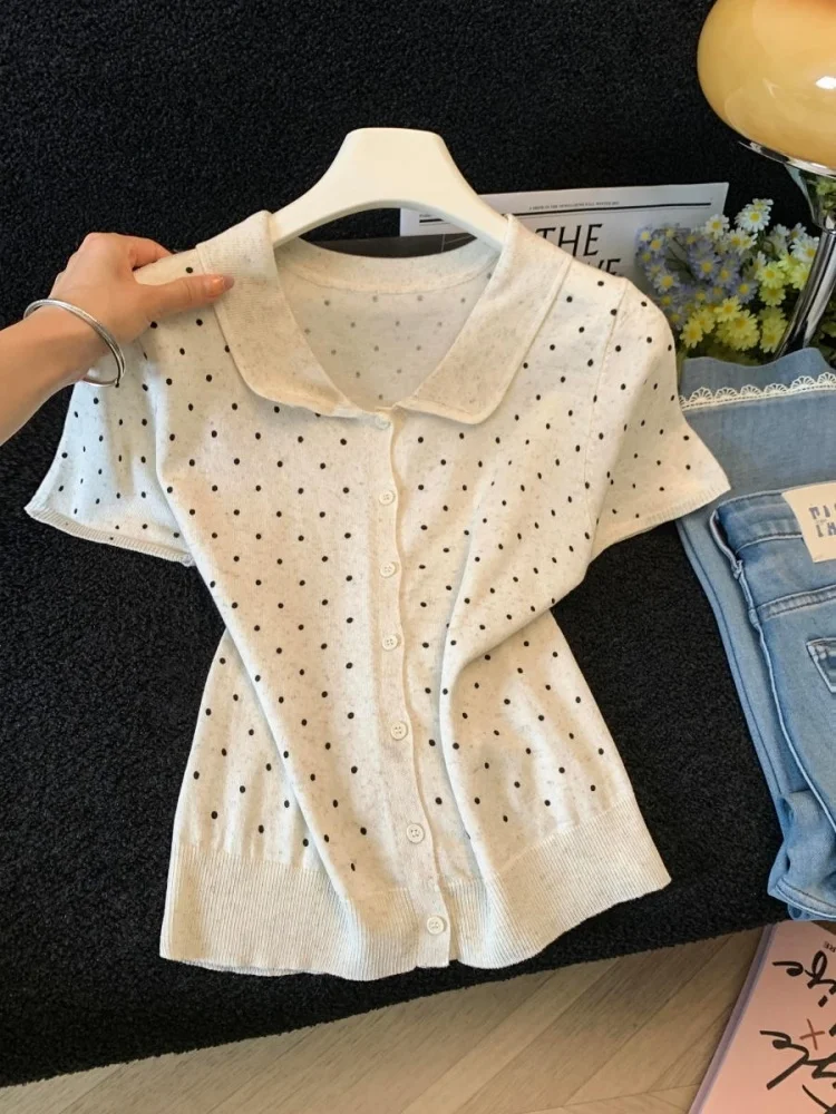 

Polka Dot Doll Collar Short Sleeve Knitted Open Cardigan Women's Summer New Style Slimming Ageless Top Self-Preserving Model