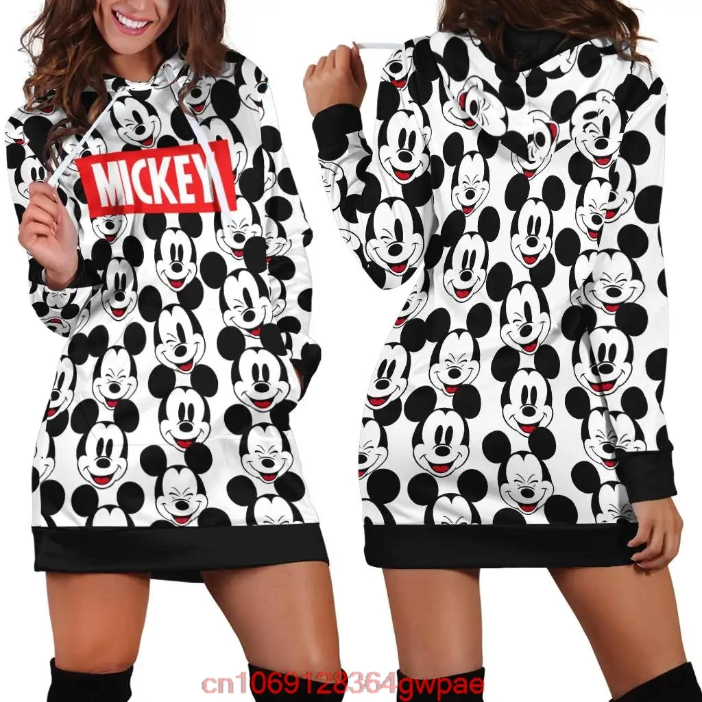 2024 Disney New Mickey Mouse Hoodie Dress Sweater Fashion Disney Dress Sweatshirt Dress 3d Allover Printed Hoodie for Women