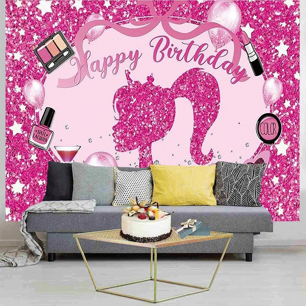 1pc Hot Pink Princess Happy Birthday Background - Shiny makeup and spa-themed party decorations, balloons and sparkle