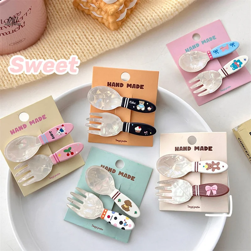 2Pcs/set Fashion Acrylic Spoon Fork Cake Hairpin Creative Cute Duckbill Clip Bangs Clip For Women Girl Kawaii Hair Accessories