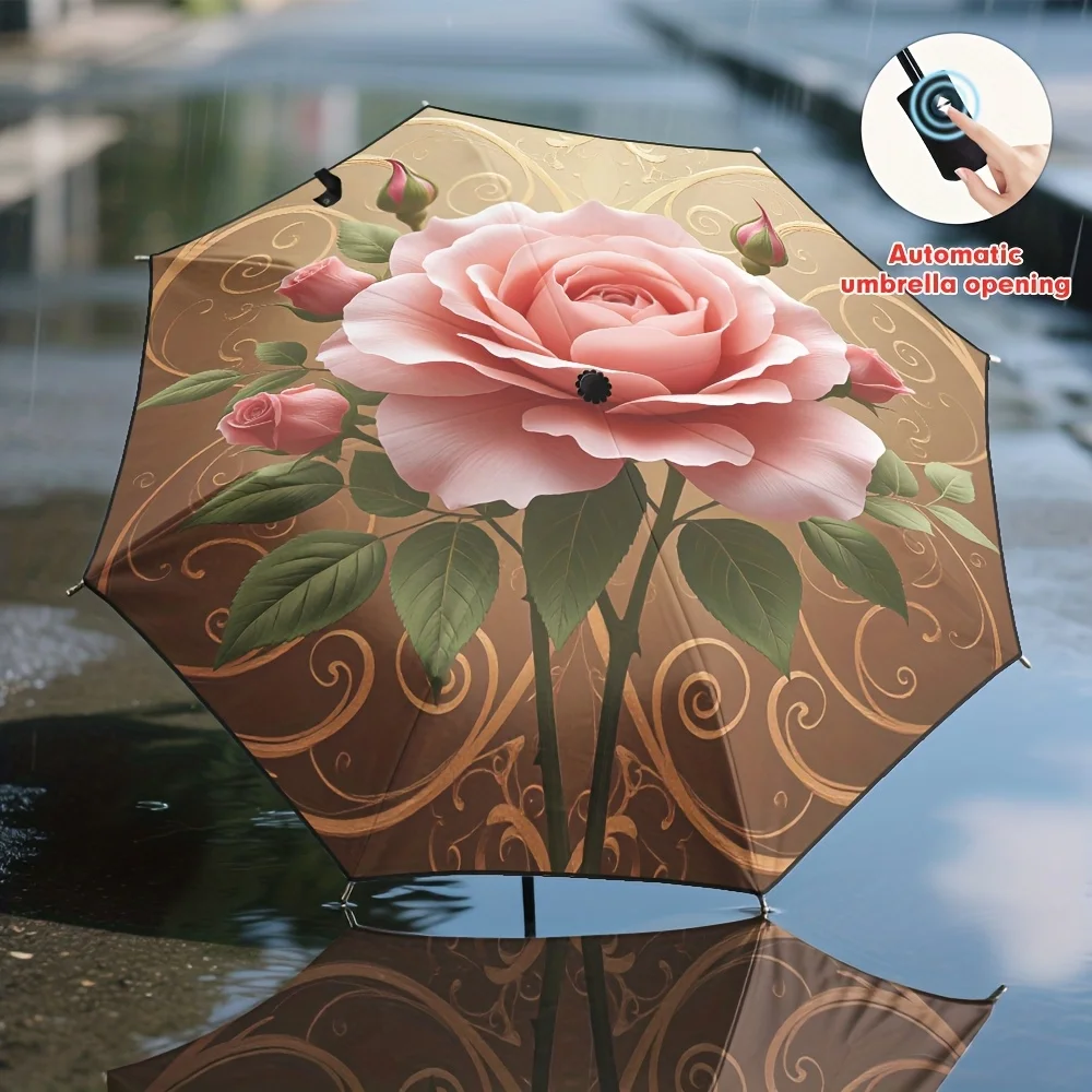 

1pc Women's Automatic Umbrella with Self-Opening/Closing, Pink Rose Golden Vintage Floral Design, 8-Rib Sturdy Frame & 210T Fa
