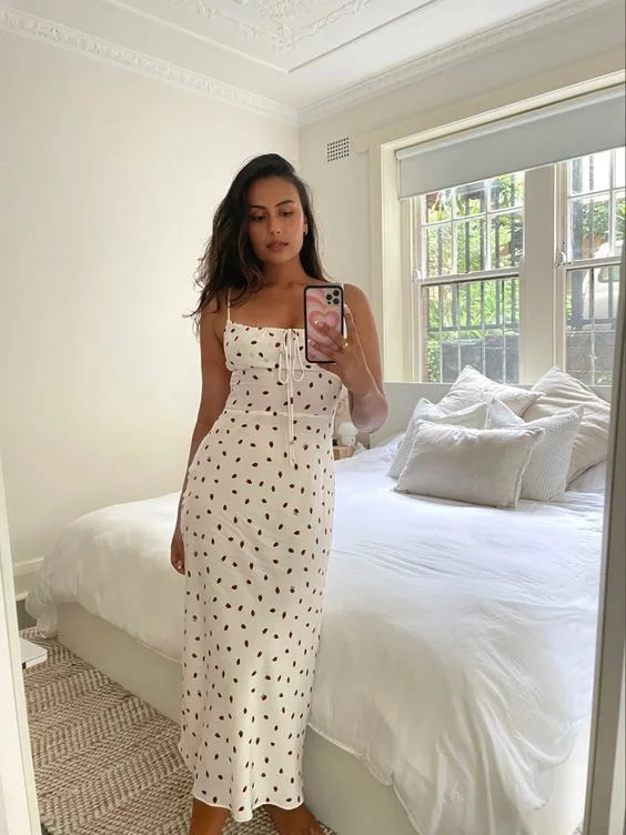 Cottagecore Strawberry Print Cami Dress Tie Front Smocked Back Spaghetti Strap Midi Dress Summer Women Teen-girls Outfit