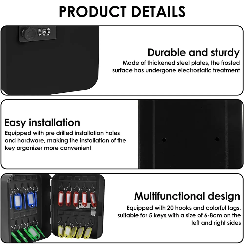 Black Security Key Case with a 3-Digit Combination Lock, 20 Hooks, Wall-Mounted Key Cabinet Lock Case, Dimensions 20×16×7.5cm - view 5