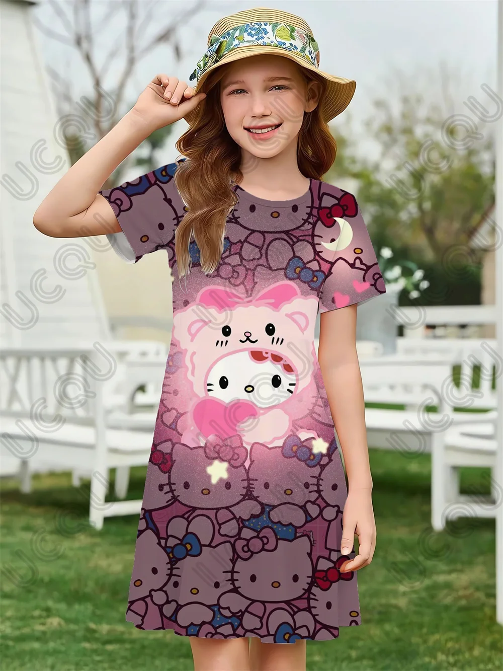 

Платье с короткими рукавами Disney с 3D принтом Hello Kotty для девочек 3-14 лет, детское свободное и удобное новое праздничное платье 2025