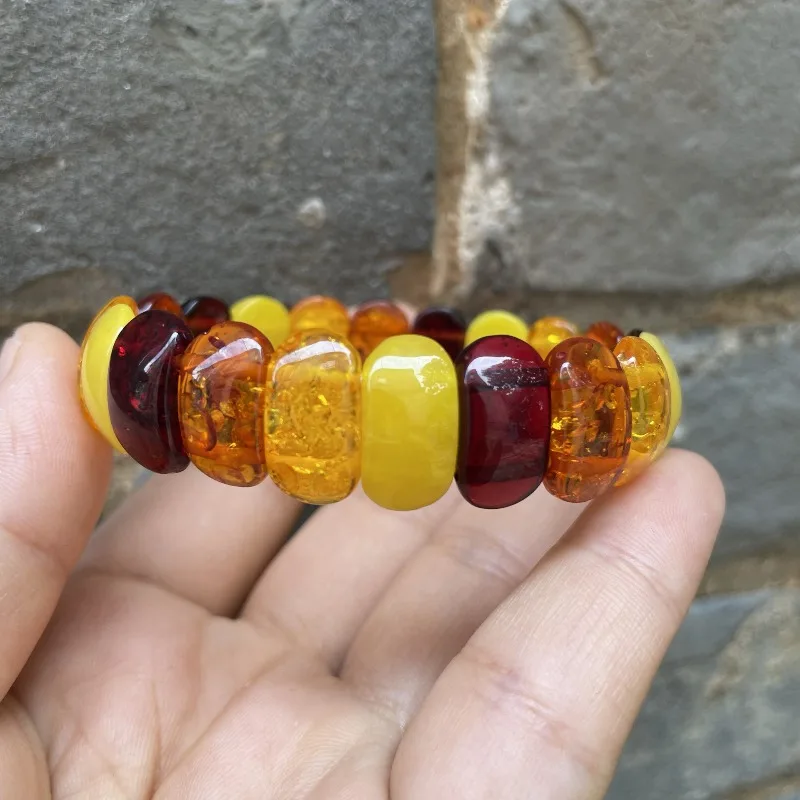 Optimized Amber Beeswax Flower Array Duobao Bracelet Bracelet Single Circle Women's Blood Amber Flat Bead Hand