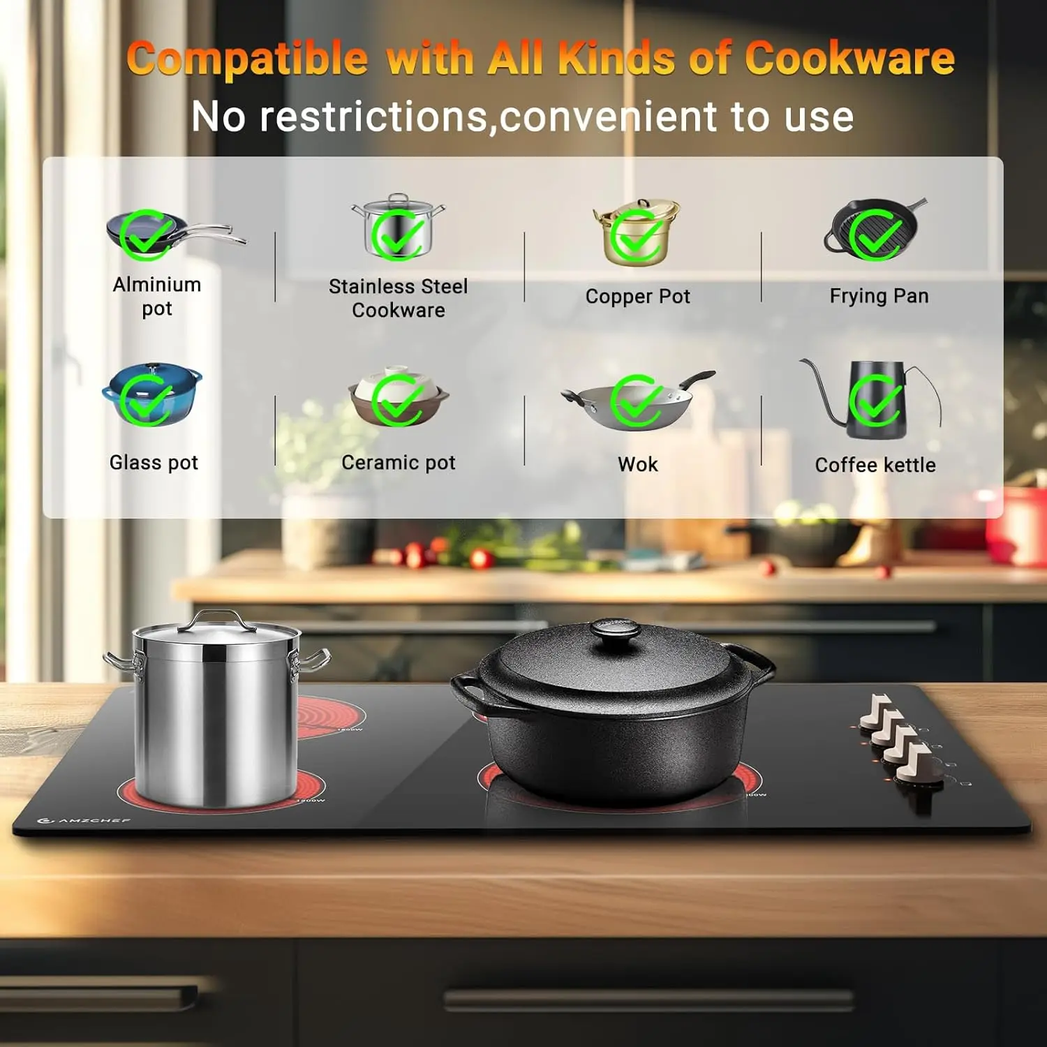 30 Inch Built-in Electric Cooktop,6700W and 4 Burners Cooktop ,Knob Control Levels & Hot Surface Indicator