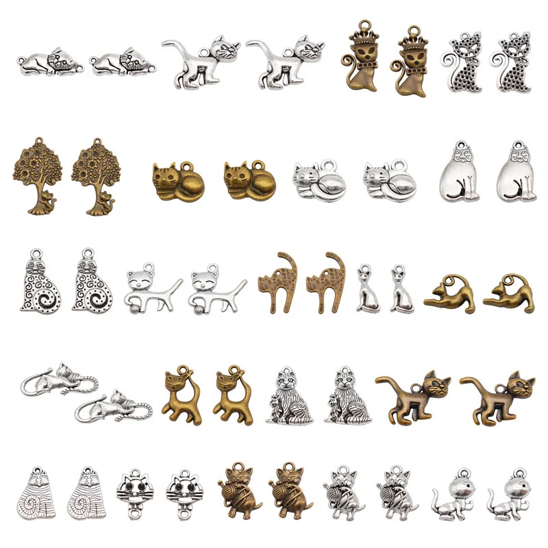 20PCS Mixed Alloy Cat Charms Vintage Animal Pet Cat Pendant Necklace Bracelet Jewelry DIY Funny Brooch Keychain Home Decor