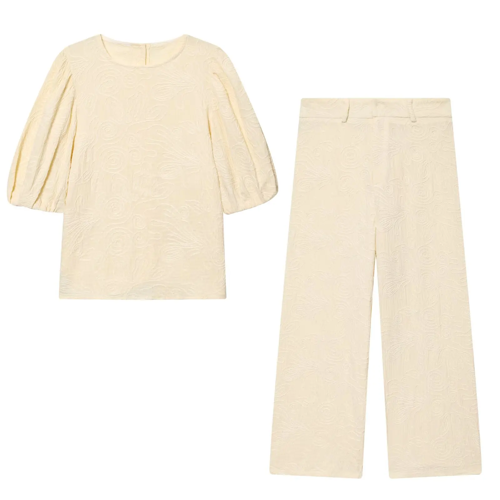 Withered Round Neck Bubble Sleeve Shirt+button Up Wide Leg Pants For Women Woman Clothes Women's Pants And Trousers