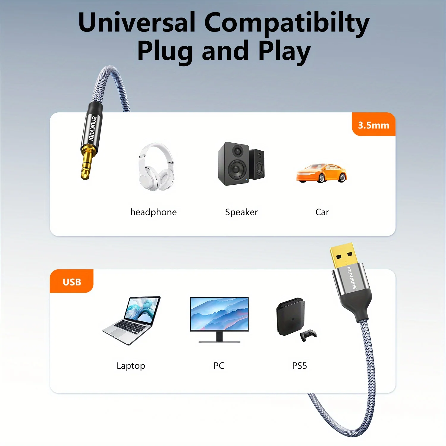 SUNKANDI USB إلى 3.5 ملم محول مقبس الصوت، USB A إلى 3.5 ملم AUX سلك صوت ستيريو للكمبيوتر الشخصي والكمبيوتر المحمول ومكبر الصوت وسماعات الرأس