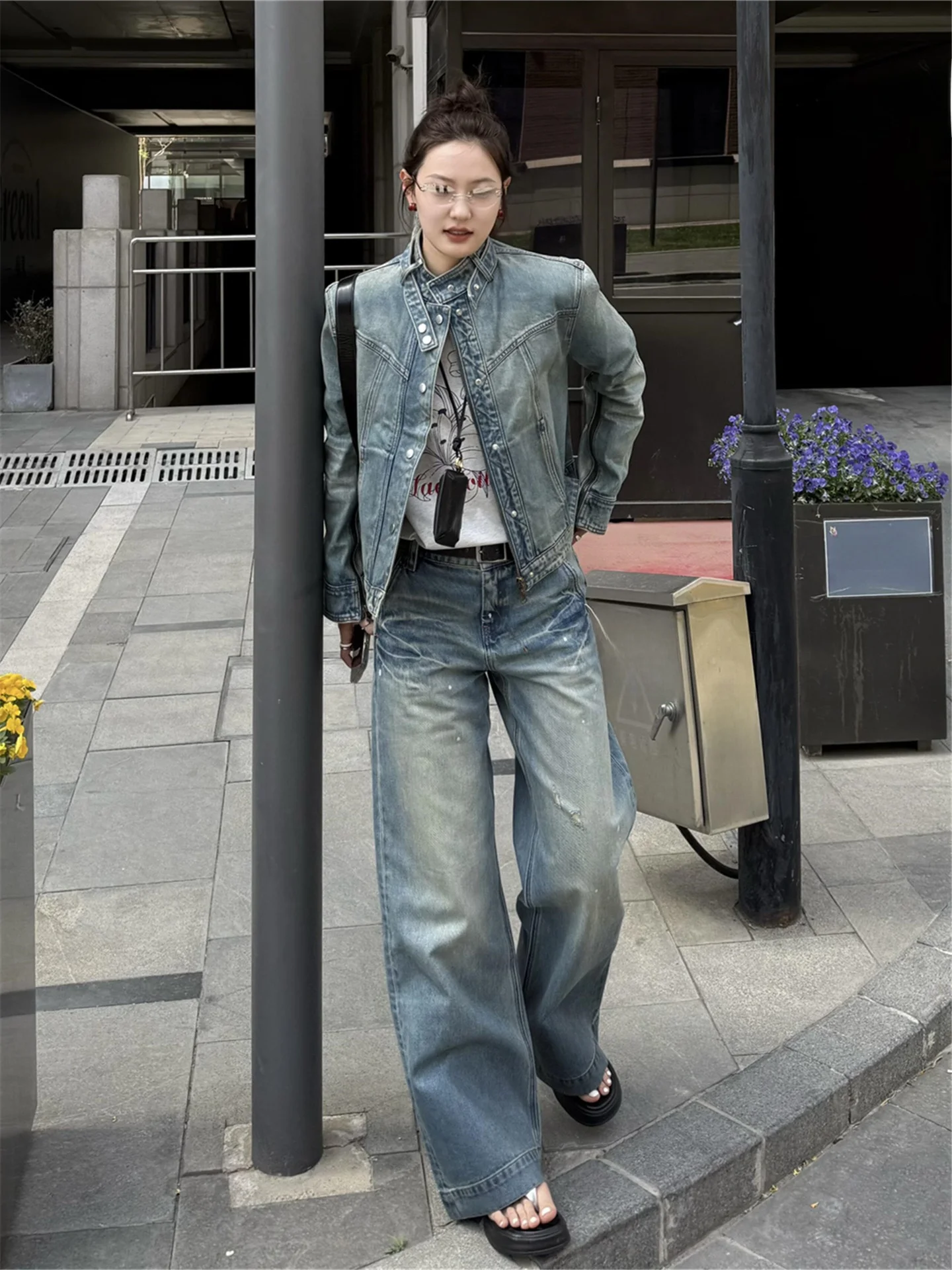 

American Style Vintage Low Waist Straight Leg Jeans Women Loose Slimming Weathered Design Wide Leg Pants Casual Cotton