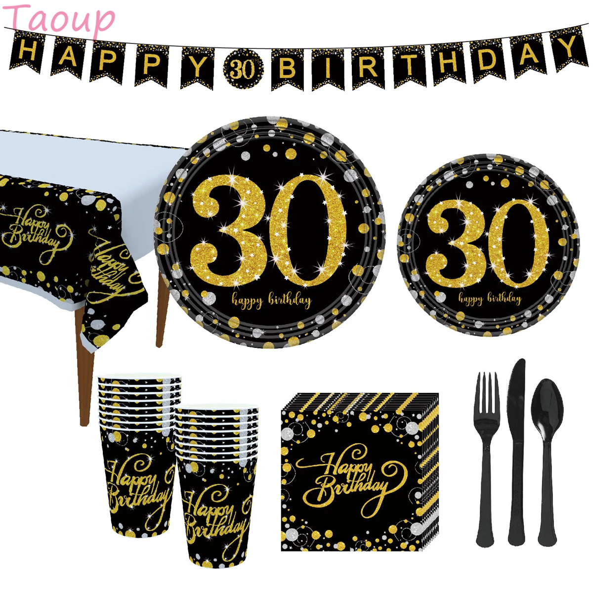 Taoup 30 40 50 60 Birthday Party Tableware Disposable Tableware Birthday Party Decorations Adult Plate Tablecloth DIY Dinner Set