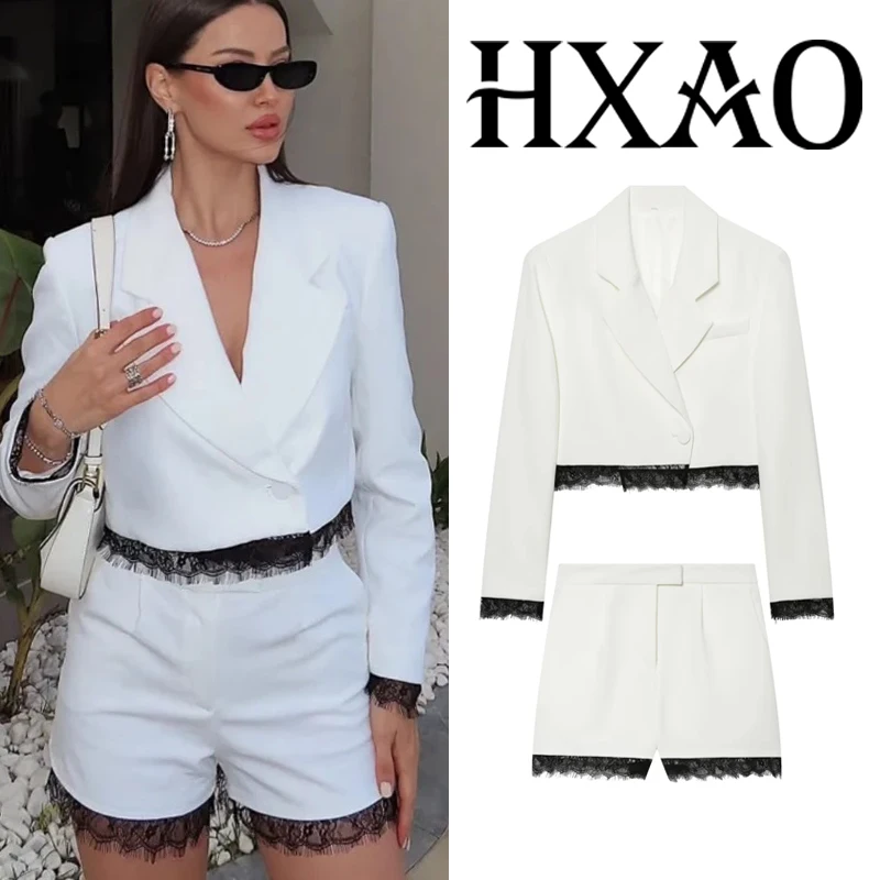 

HXAO Women's Lace 2 Pieces Sets Beige Blazers Suits With Shorts Elegant Female Cropped Sets Demi-Season Sexy Night Out Outfits
