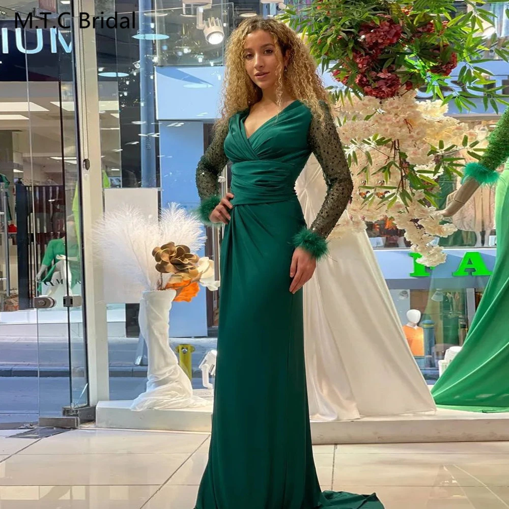 Charming Full Sleeves Green Formal Evenining Dress V Neck A Line shiny Beading Tulle Long Party Prom Gowns Custom Made