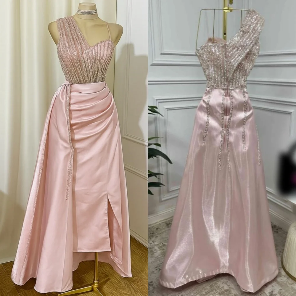 

Customized Modern Style Charmeuse Sequined Pleat A-line Spaghetti Strap Midi Dresses Bespoke Occasion Sexy