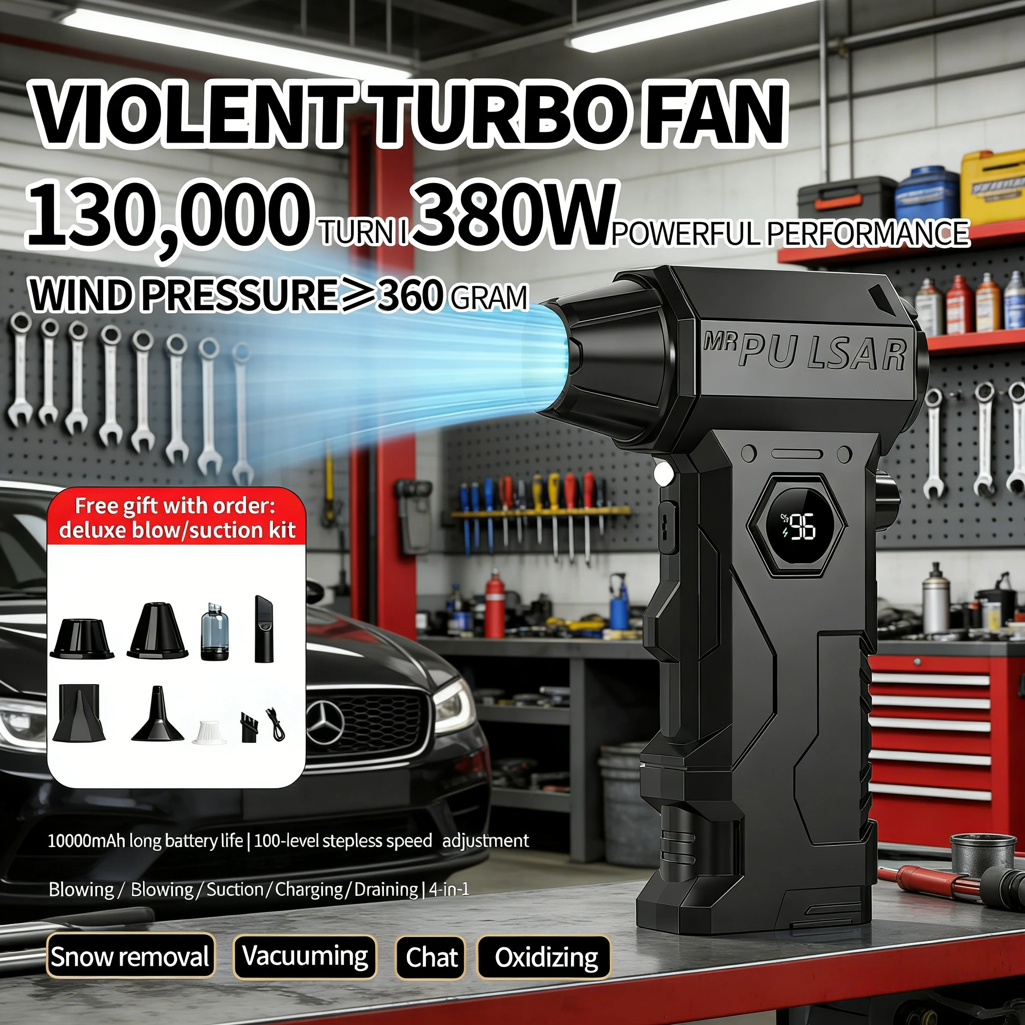 

130000RPM Powerful Air Blower X7 Turbo Blower Brushless Motor Violent Fan Wind Speed 75km/H with display Air duster,Vacuum kit