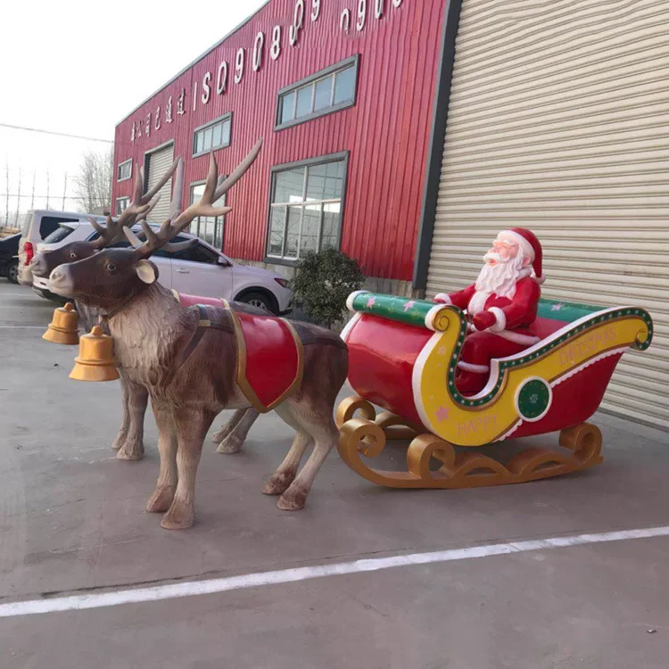 Outdoor large reindeer christmas decoration artificial fiberglass ornaments life size santa sleigh