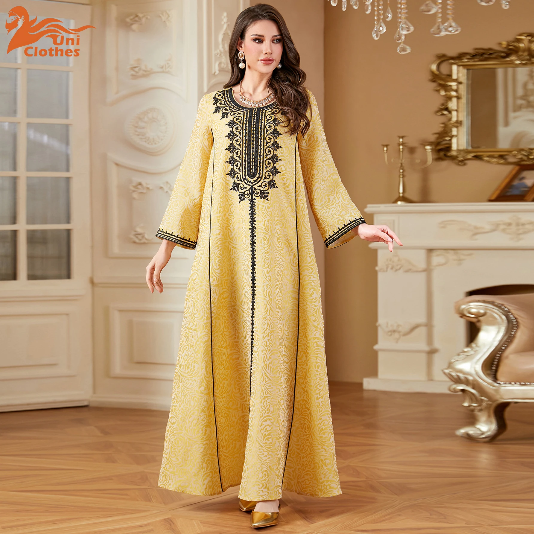 

UNI Ramadan новое мусульманское платье арабская женская одежда с круглым вырезом жаккардовая вышивка Дубай халат Джалабия