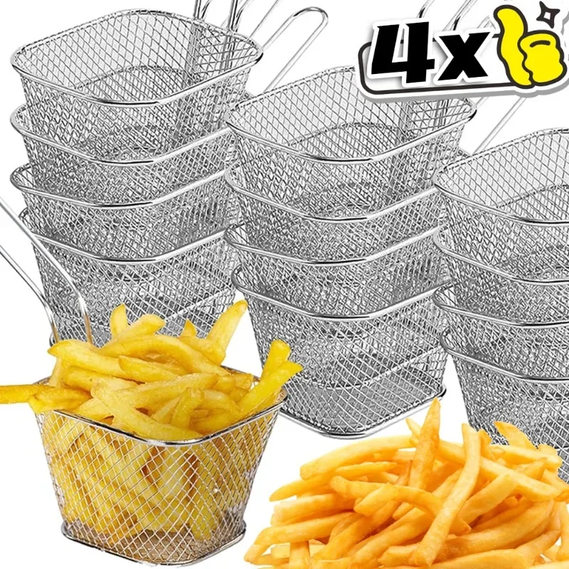 4/1PCS Mini Square Fry Basket Metal French Fries Chips Holder Desk Food Presentation Mesh Basket Strainer Kitchen Accessories