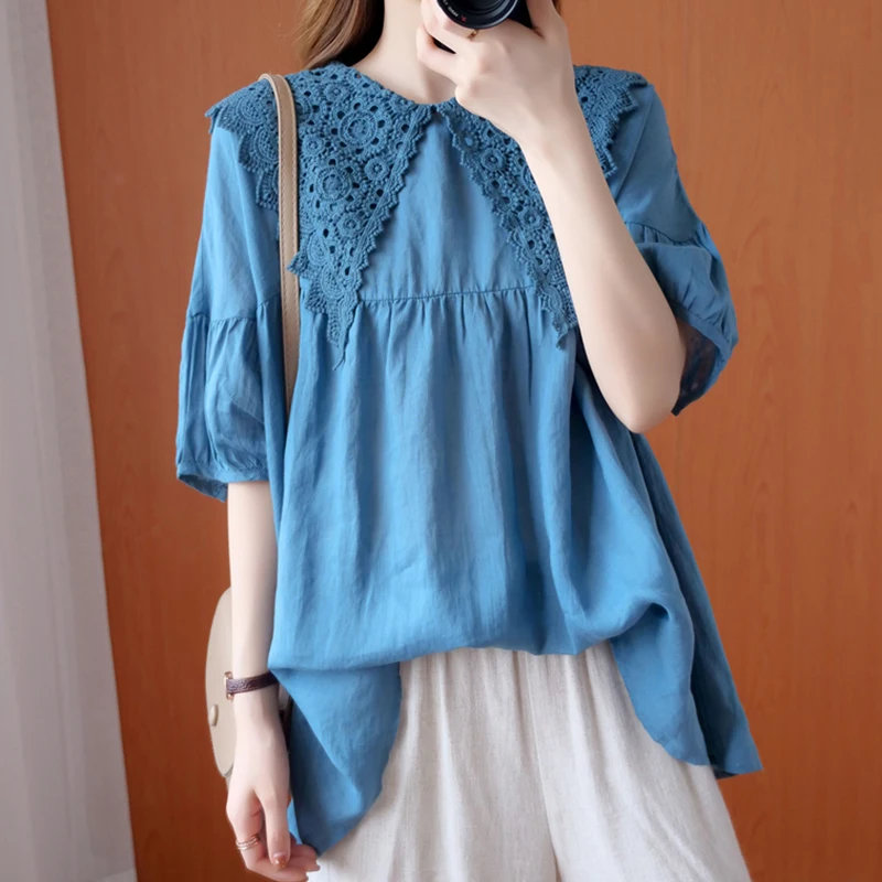 

Женский хлопковый льняной топ большого размера с кукольным воротником, однотонный льняной топ средней длины Bell Sve ort Sve