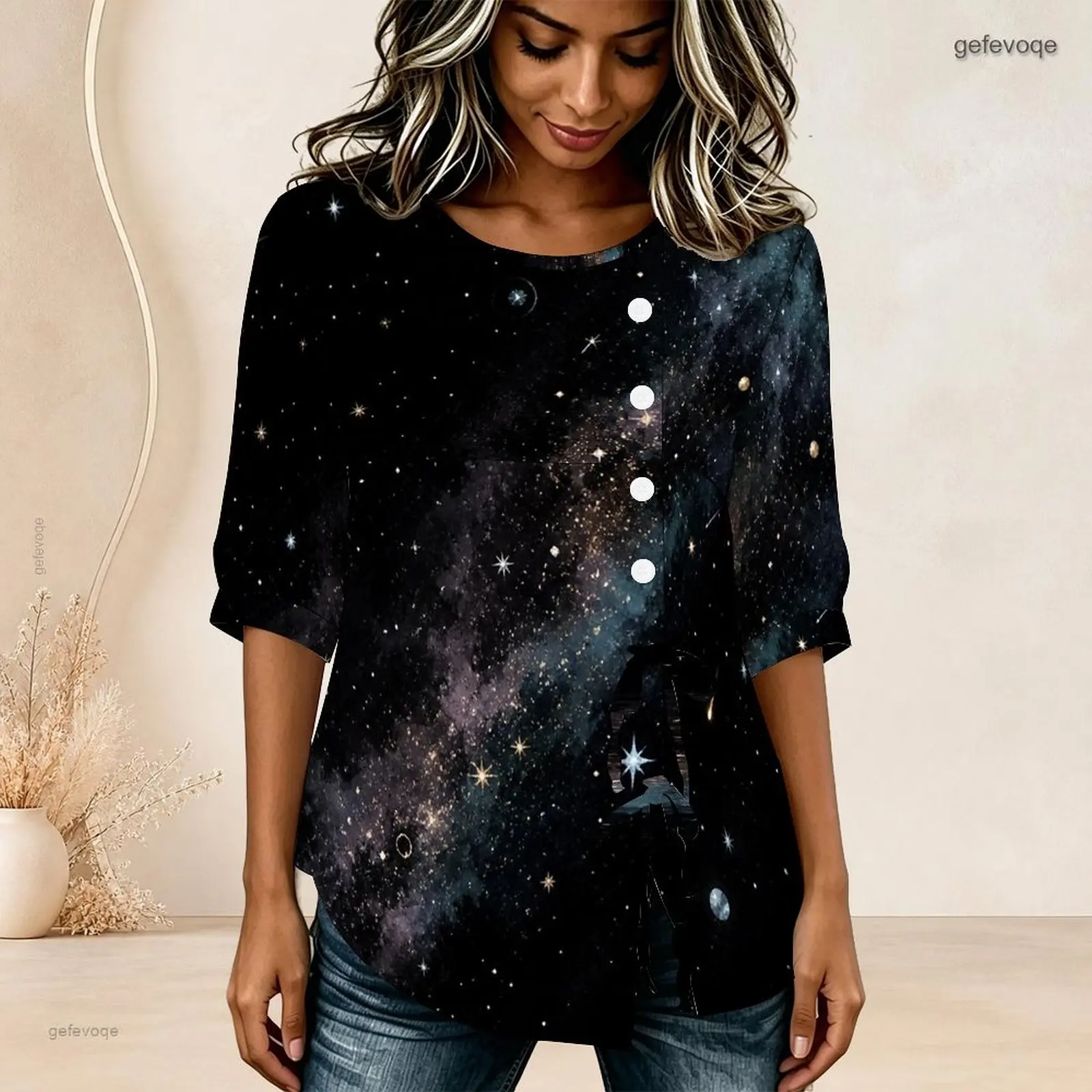 Women Round Neck Half Sleeve Gathered Front Button Detail Tie Hem Printed Blouse