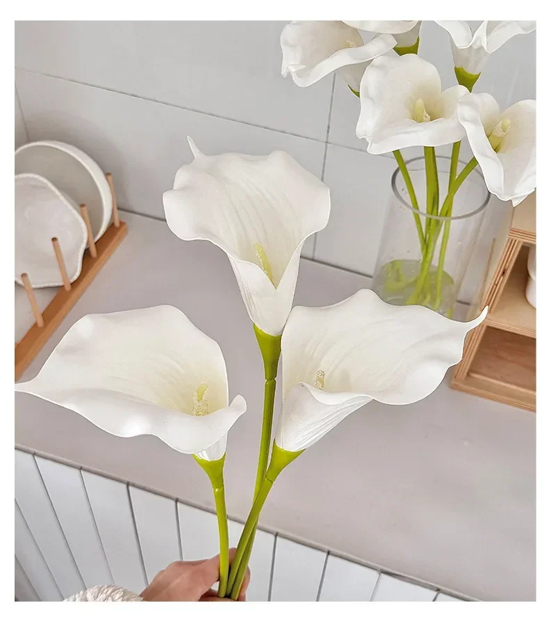 10 Stück künstliche weiße Calla-Lilien aus EVA, Brautstrauß, Hochzeitsdekoration, künstliche Calla-Blumen, Heimdekoration, Party-Tischdeko, Blumenarrangement – Detail 7