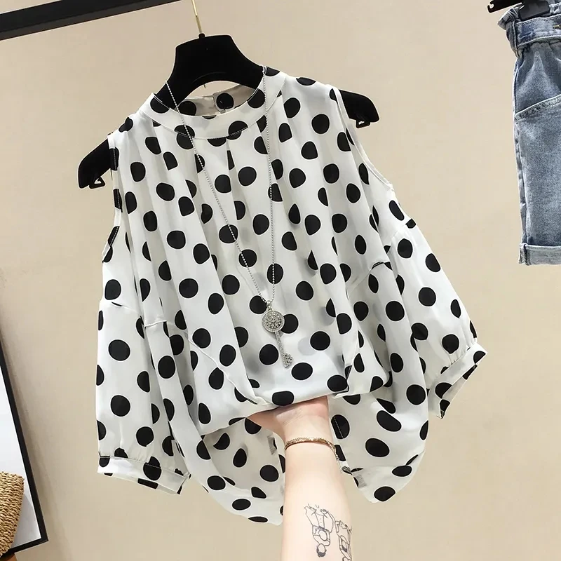 Black Polka Dot Vintage O-Neck Loose Off Shoulder Pullover Chiffon Women\'s Blouse Shirt Korean Fashion Female Clothing Tops 2024