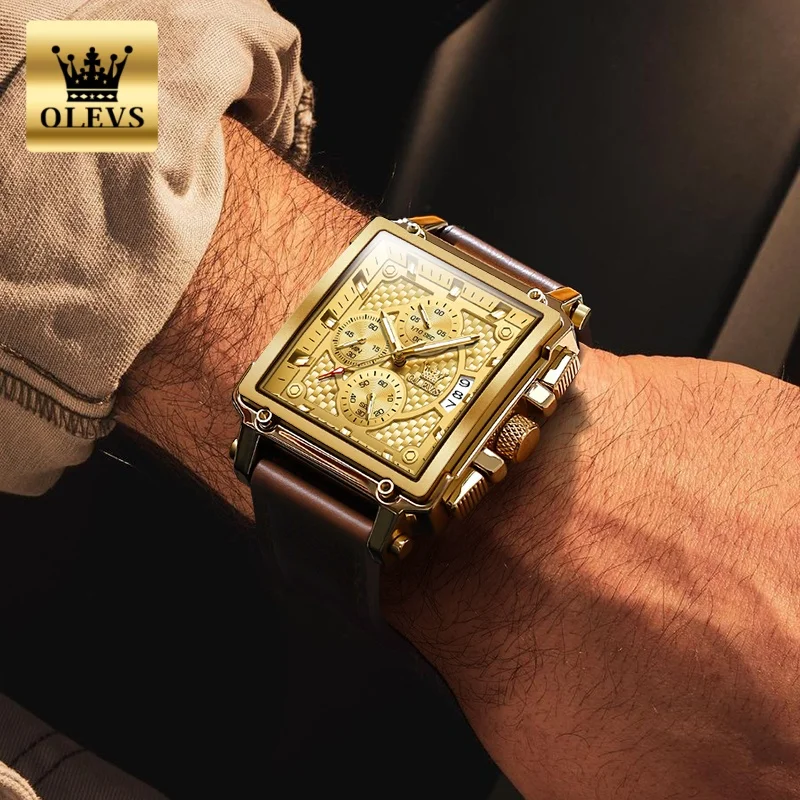 Relojes para hombre de marca OLEVS, reloj de cuarzo con cronógrafo y correa de cuero resistente al agua para hombre, reloj de pulsera masculino genuino con esfera cuadrada dorada y fecha