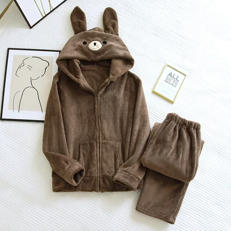 New couple autumn and winter pajamas long-sleeved trousers flannel cute cartoon thick warm men and women home service suit sleep