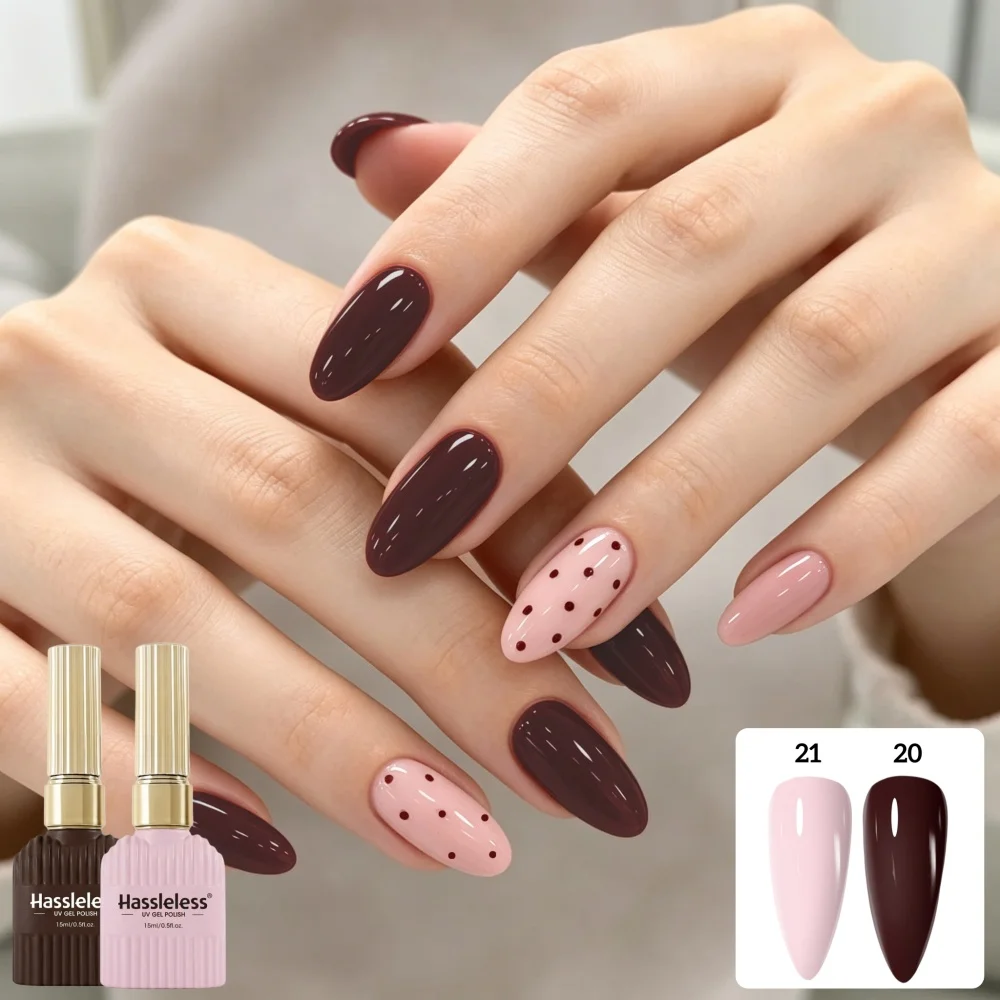 Hassleless 2Pcs Two-Tone Nail Polish Gel Set: Light Nude Pink, Wine Red, Brown, Soft Low-Saturation Solid Color Gel, Elegant Retro Shades, Polka Dot Nail Art Design, Delivers a Warm and High-End Texture, Suitable for V