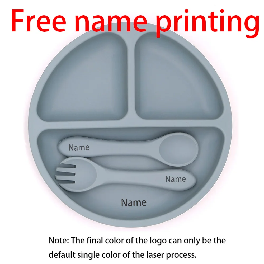 Free Name Printing Silicone Children's Tableware Feeding Bowl Silicone Fork Spoon Tray Meal Training Holiday Gift