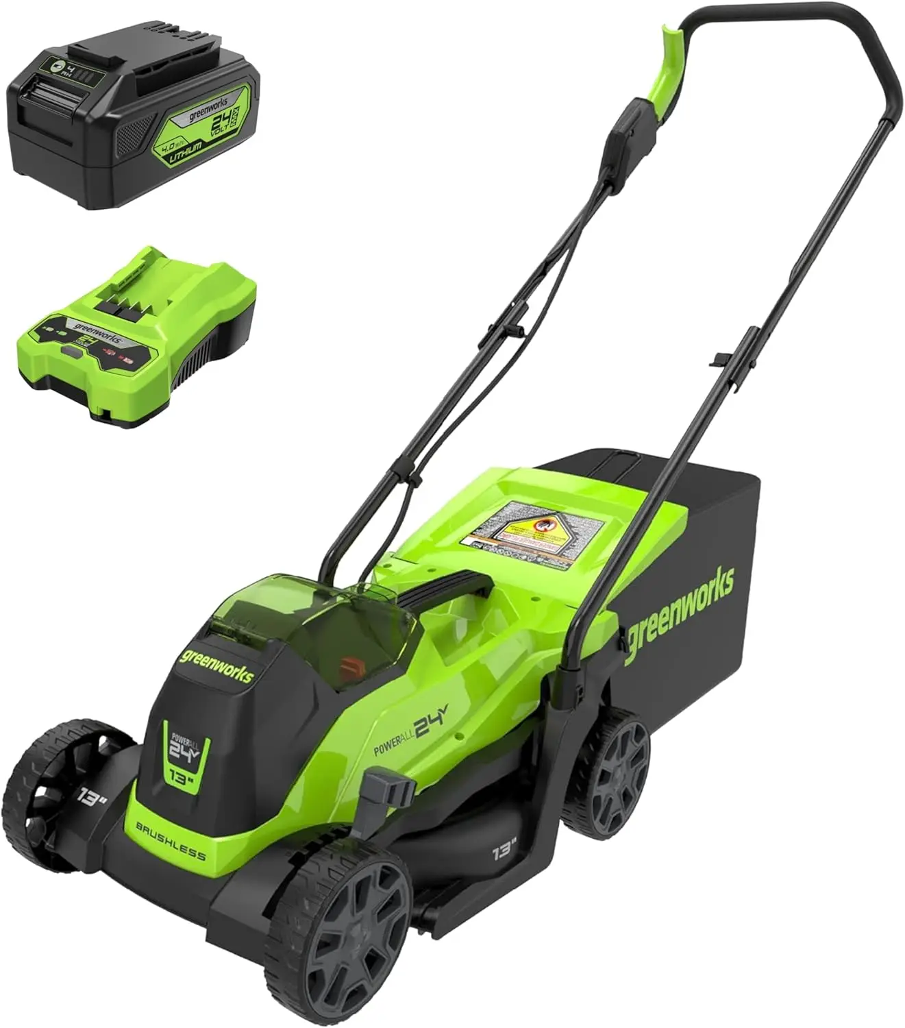 

24V Cordless Lawn Mower with Battery & Charger, 13" Deck, 2-in-1 Mulch/Bag, Quiet Operation for Small Yards