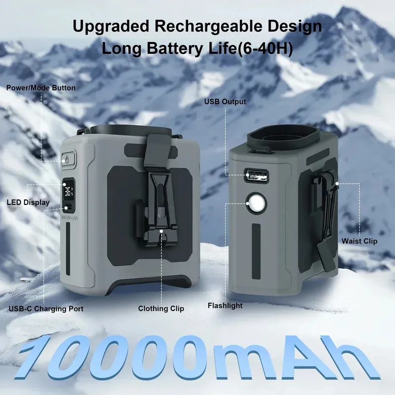 10000mAh Portable Waist Fan with Power Bank LED Lighting Hanging Neck Fan 5 Speed Strong Airflow Cooling Fan for Outdoor Working