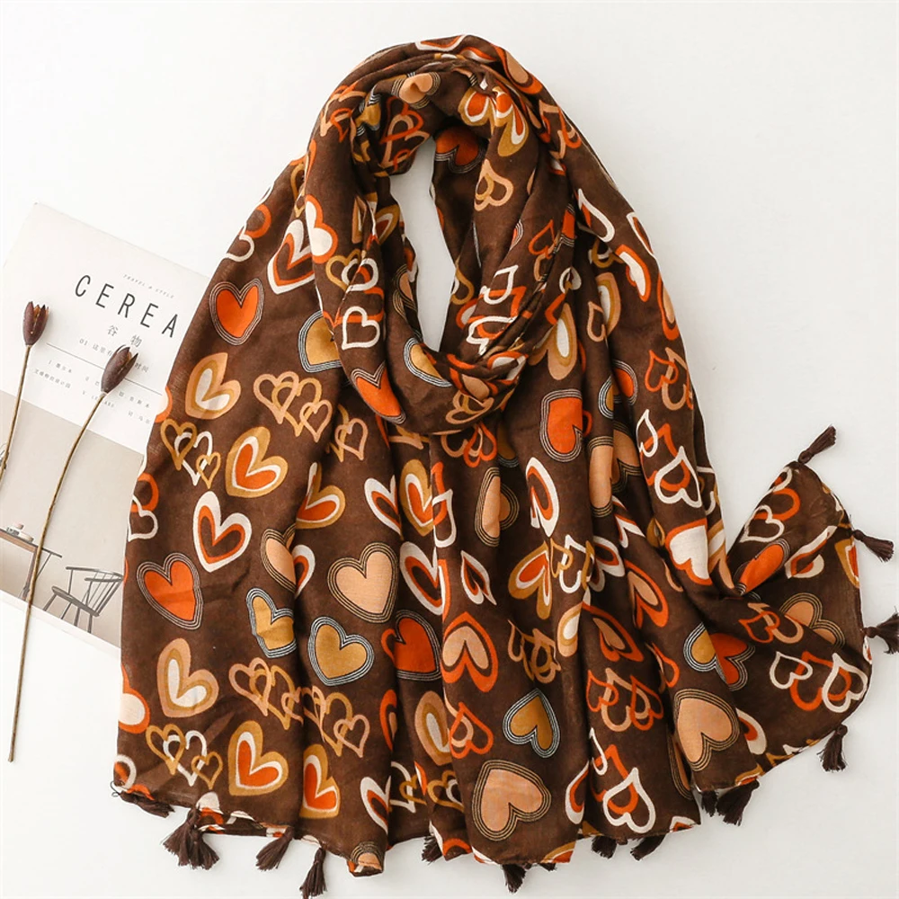 

2023 Fashion Cotton Women Heart Pattern Tassel Scarves Shawls Long Beach Love Print Wrap Hijab Free Shipping