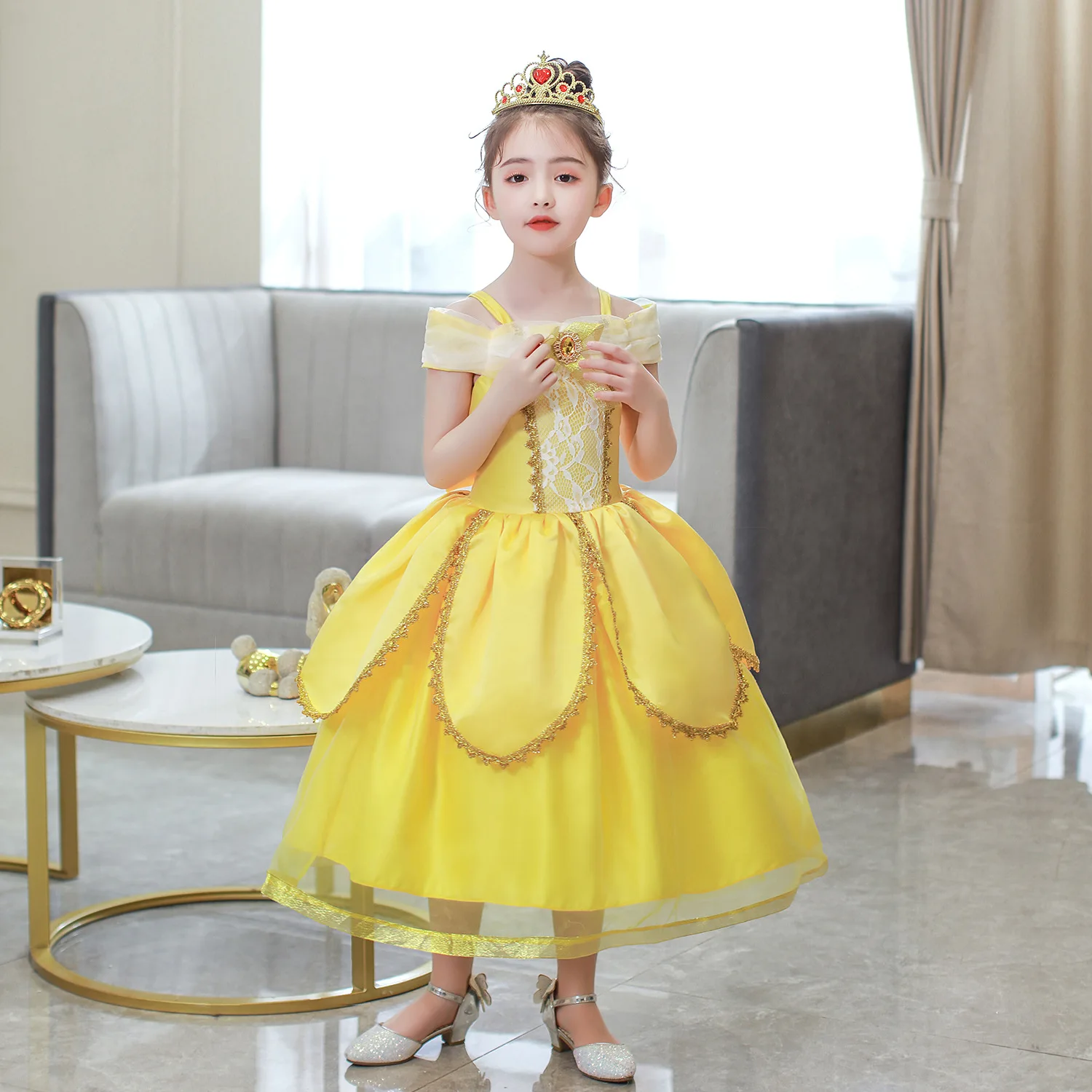 Halloween Cosplay Belle Costumes Beauty and The Beast Kids Dress Girls Birthday Party  Clothing Off Shoulder Princess Ball Gown