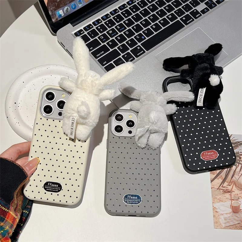 Cute plush 3D Rabbit Polka Dot phone case for iPhone 13Pro 14 15pro 16promax shell Cartoon woman Kawaii leather print full cover